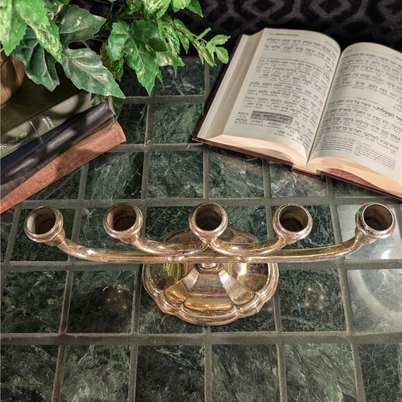 Vintage Five Light Silver Plate Menorah Candelabra, Yahrzeit, Sabbath, Kabbalah - Picture 6 of 8